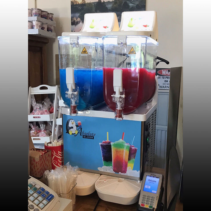 Absolute 2 bowl slush machine with blue raspberry and cherry slush at Lakeside Cafe in Colne